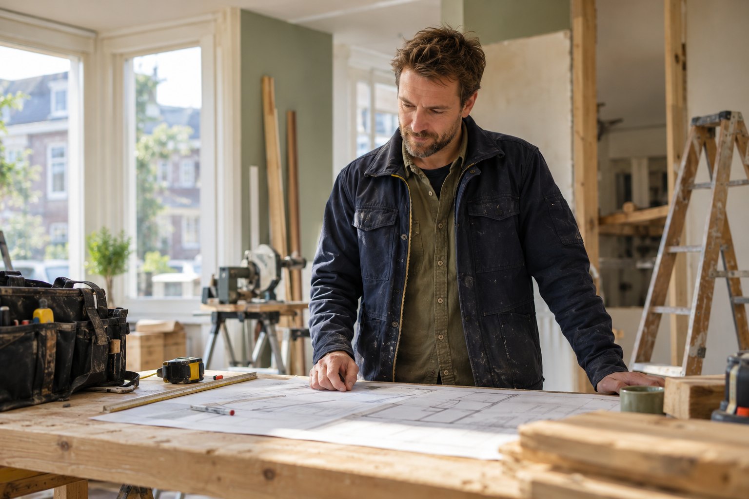 Zelfstandig vakman bekijkt bouwtekeningen in een woning in renovatie